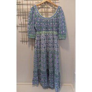 Gretchen Scott Maxi Dress Blue Green Floral Puff Sleeve Tiered‎ Sz M